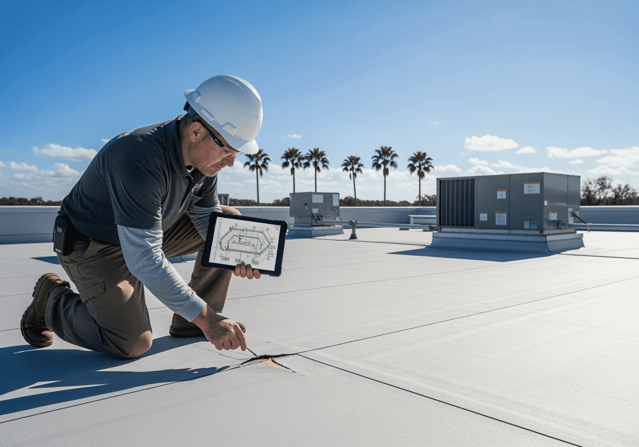 Commercial roof repair crew fixing a flat roof leak on a Deland FL property