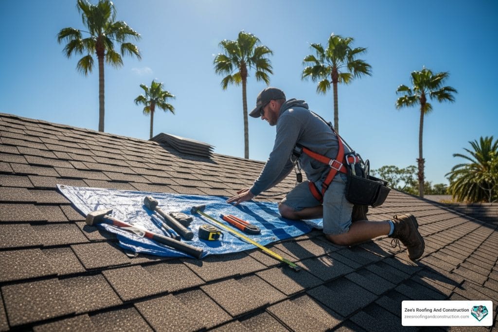 A Florida homeowner completing a preventive roof maintenance checklist on a sunny day before hurricane season