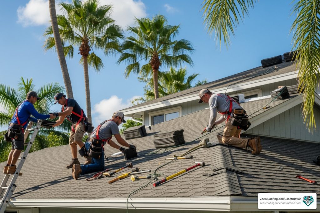 A roofer performing storm damage roof repair on a residential home