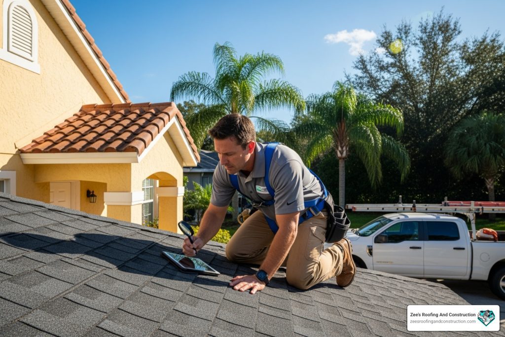 roofing professional inspecting roof leak signs on Florida home