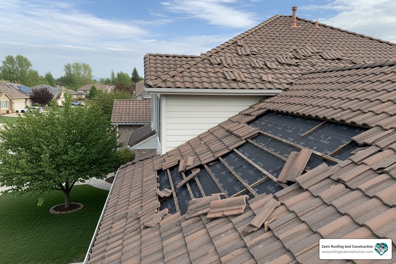 Storm-damaged roof on a condo building awaiting HOA roofing contractor assessment